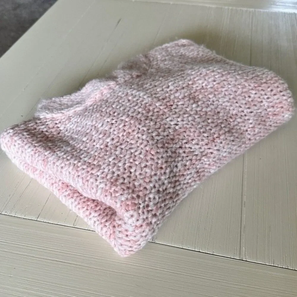 Land's End Funnel Neck loose knit pink and white wool blend sweater extra wide